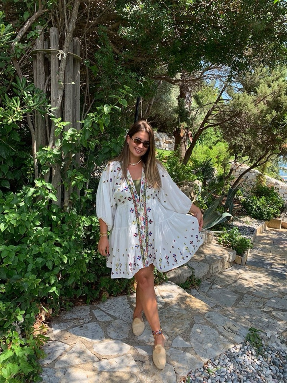 Free People Embroidered Tunic Dress White V Neck Long Sleeve Boho Size S